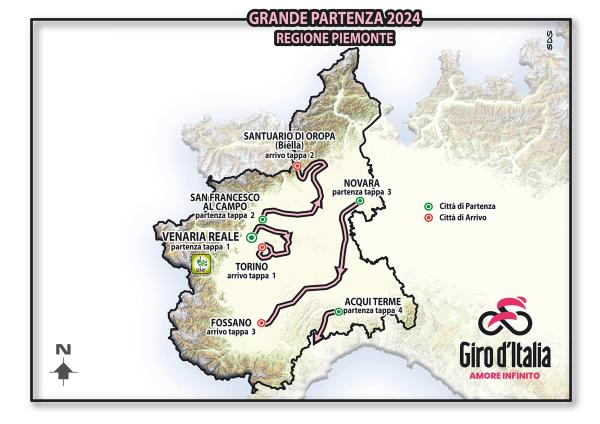 The first three stages of the 2024 Giro d'Italia will take place in Piemonte