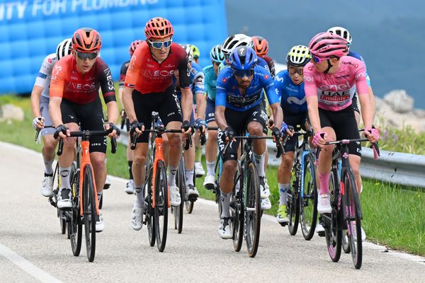 I see you: Giro d'Italia lead Tadej Pogačar checks on his closest rivals Dani Martínez and Geraint Thomas during stage 10