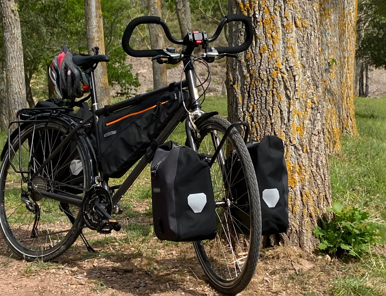 Paren't bike is a traditional tourer, with a steel frame, racks and butterfly bars