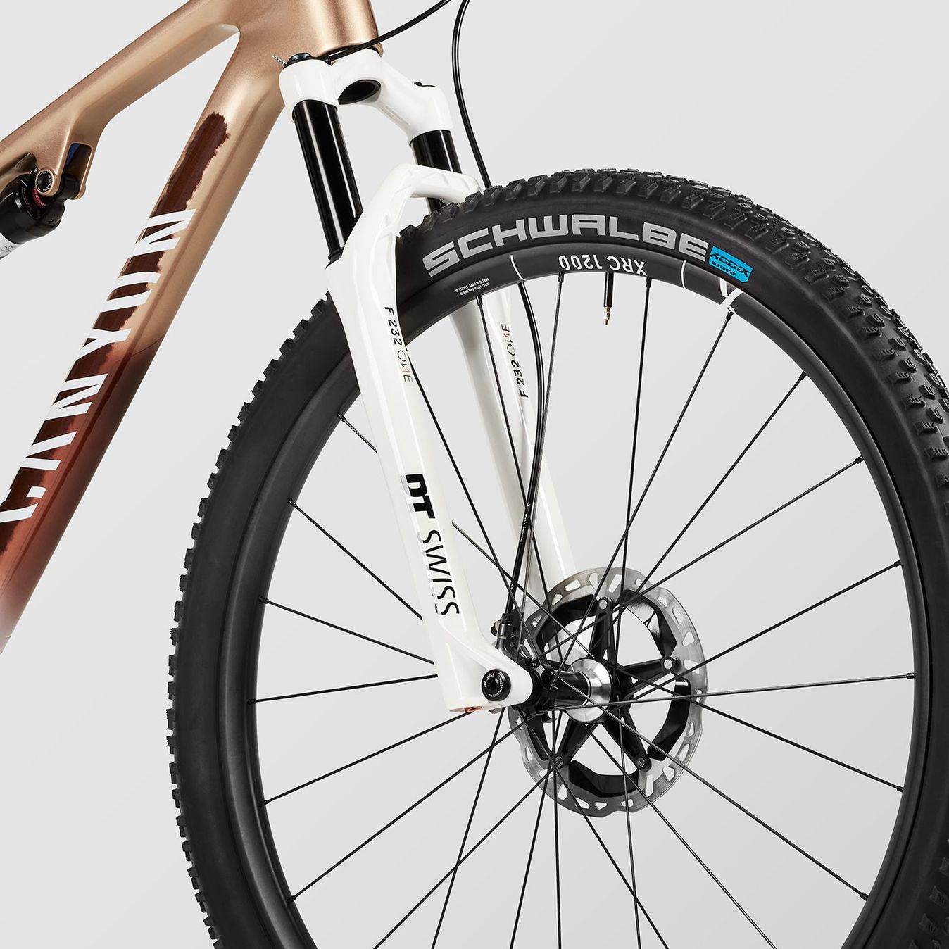 The DT Swiss F232 fork sports all white lowers that are exclusive to the Untamed