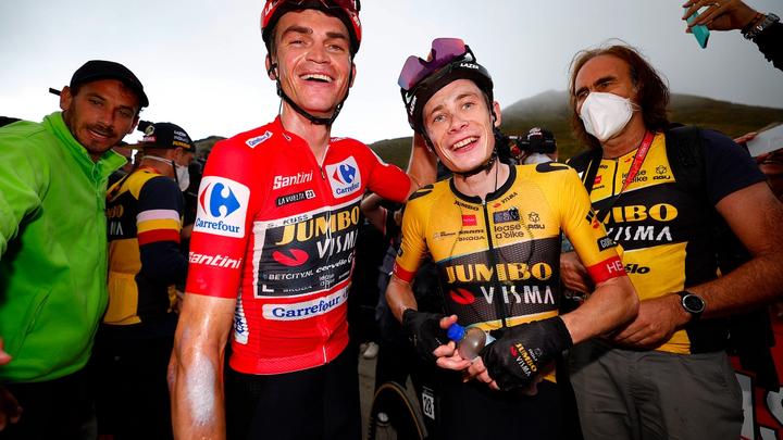 Sepp Kuss with Jonas Vingegaard atop the Col du Tourmalet at the Vuelta a España