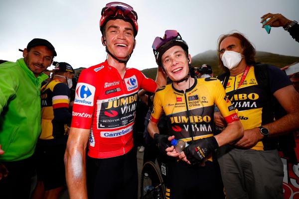 Sepp Kuss with Jonas Vingegaard atop the Col du Tourmalet at the Vuelta a España