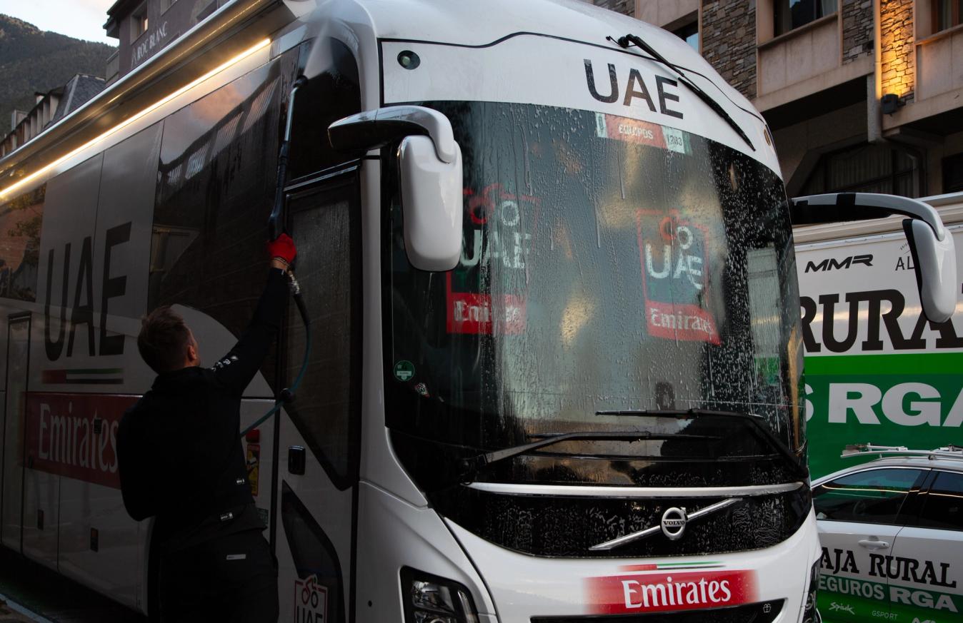 The UAE Team Emirates bus at the team's hotel after stage 3