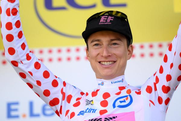 Neilson Powless spent several days in the polka dot jersey at the Tour de France this year