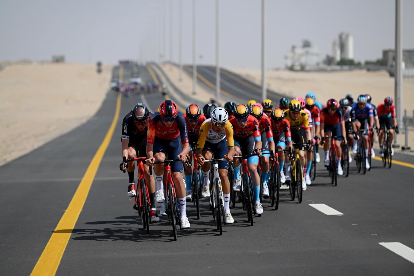 Tarling and close friend Luke Plapp commandeer the peloton through crosswinds on the oon thpening stage of the UAE Tour