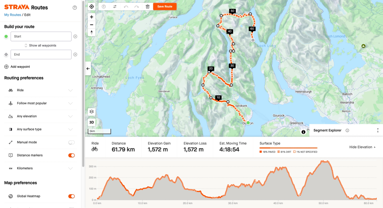 Strava's route-building software is easy to use and detailed