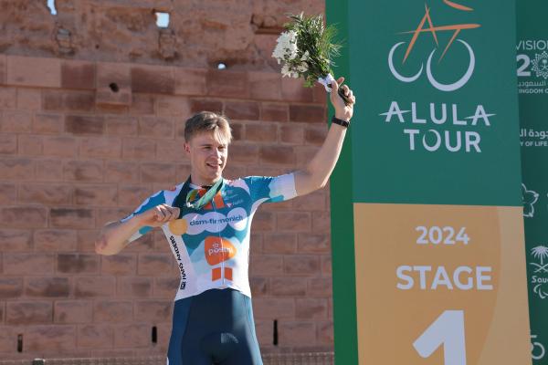 Casper van Uden after winning stage one of the AlUla Tour