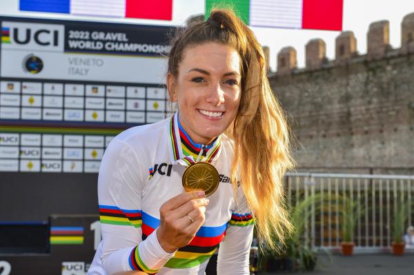 Pauline Ferrand-Prévot with her gold medal from the inaugural Gravel World Championships in 2022