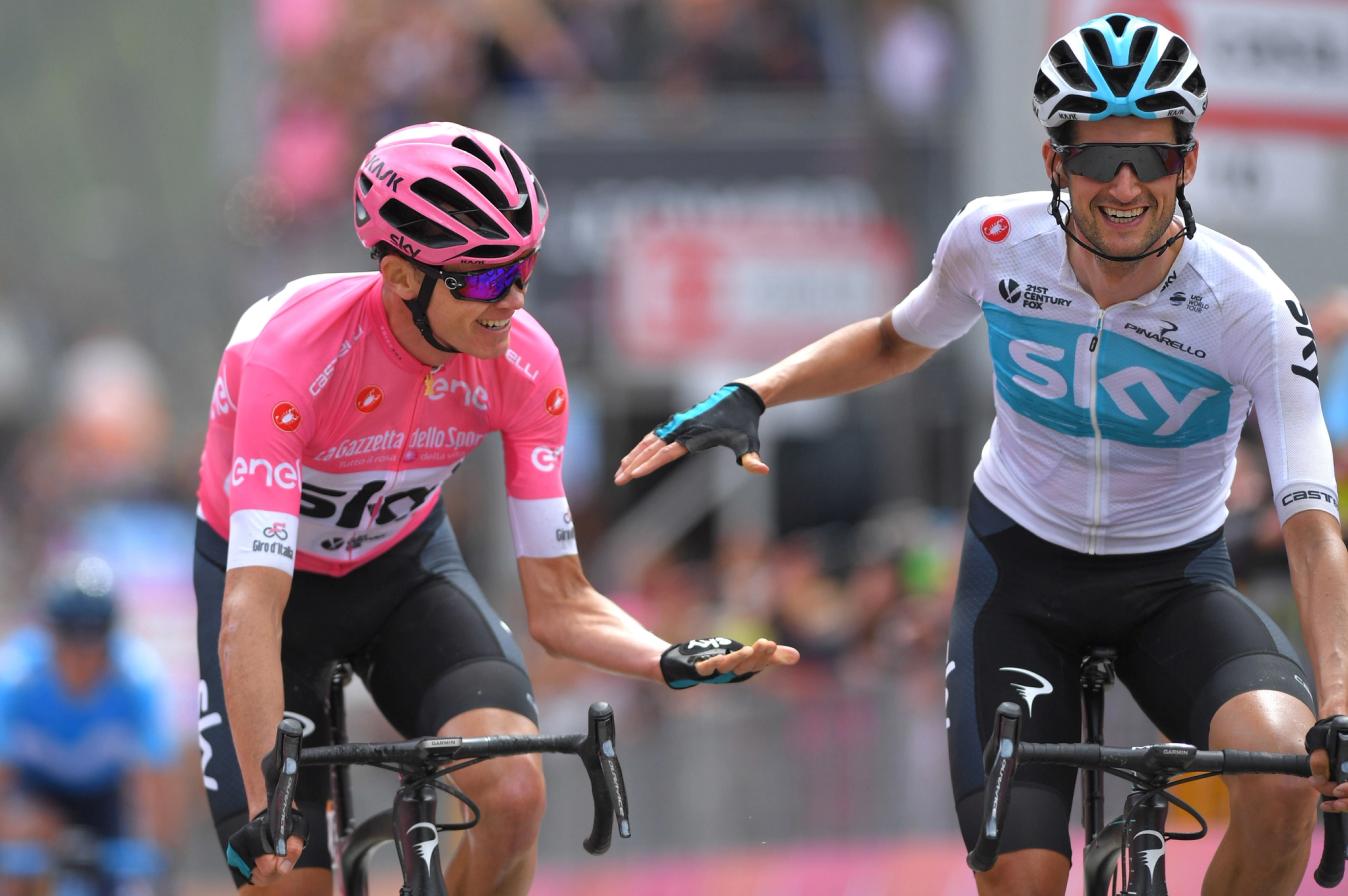 Chris Froome and Wout Pools celebrate the Brit's Giro d'Italia victory in 2018 at the end of stage 20