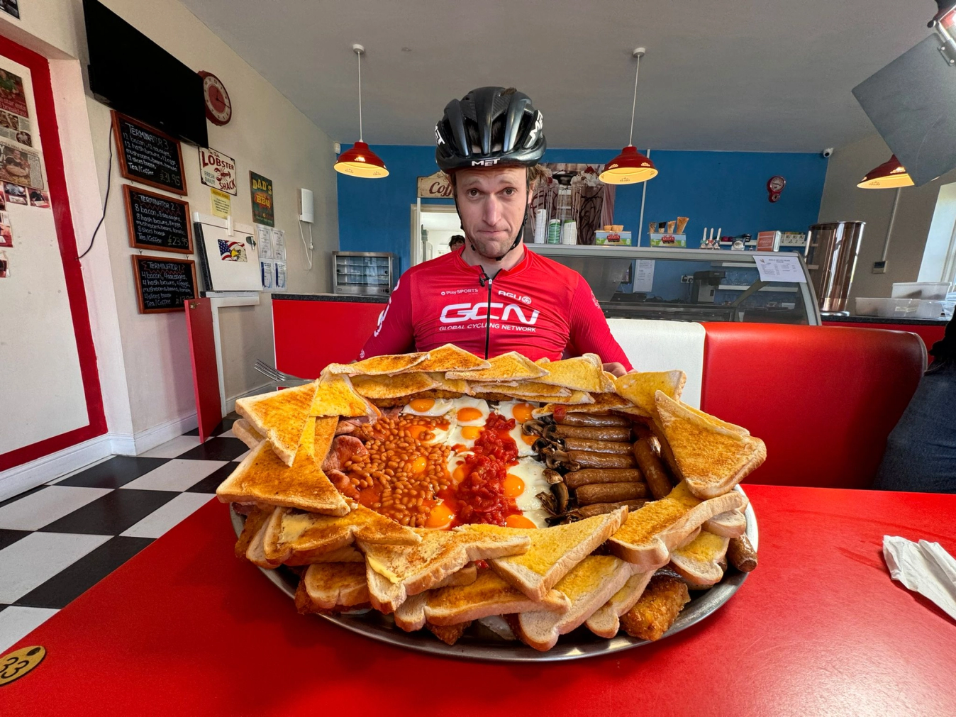 This is the Terminator Armageddon breakfast, the biggest breakfast in the world. And Conor Dunne is about to eat it and then ride his bike