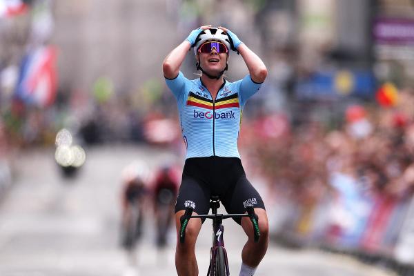 Lotte Kopecky (Belgium) celebrates winning the elite road race title at the Glasgow World Championships