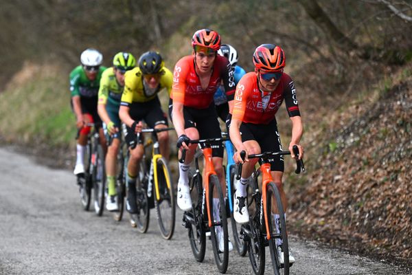 Tom Pidcock (Ineos Grenadiers) sets the pace for the second group at Tirreno-Adriatico