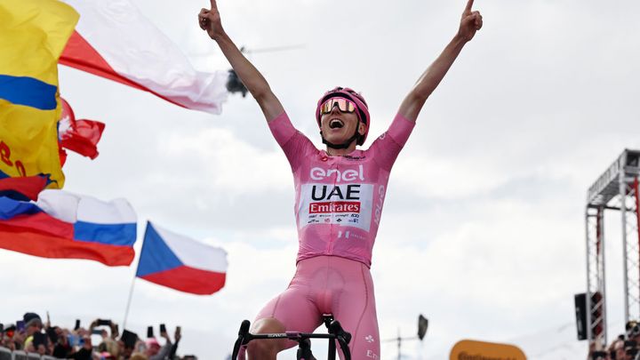 Tadej Pogačar celebrates victory on stage 15 of the Giro d'Italia