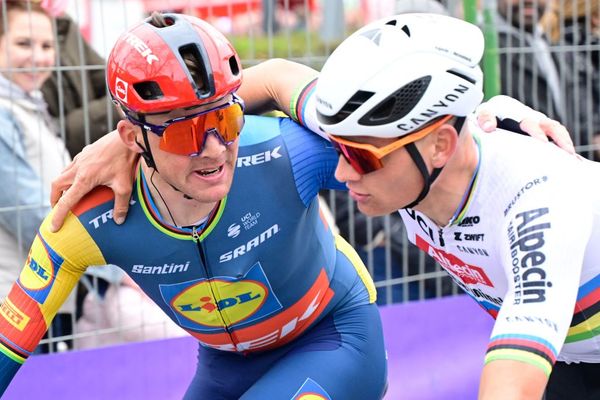 Mads Pedersen and Mathieu van der Poel at the finish of Gent-Wevelgem