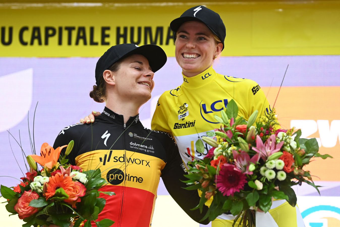 Kopecky and Vollering on the podium of the 2023 Tour de France