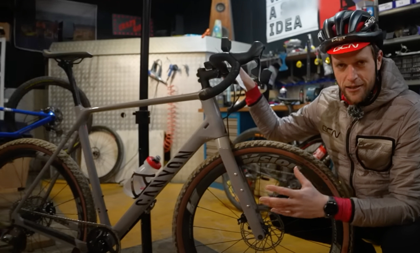 Conor Dunne and the Canyon Grizl he intends to ride at Egmond-Pier-Egmond beach race