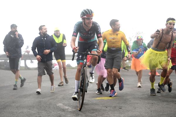 Cian Uijtdebroeks (Bora-Hansgrohe) climbing in the mountains of the Vuelta a España