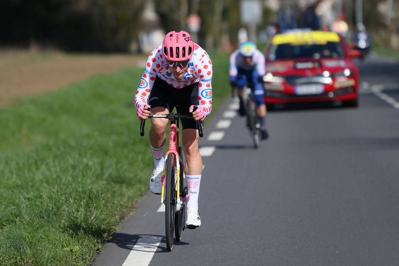 Jonas Rutsch is tracked by Mathieu Burgaudeau in an early scrap for KOM points
