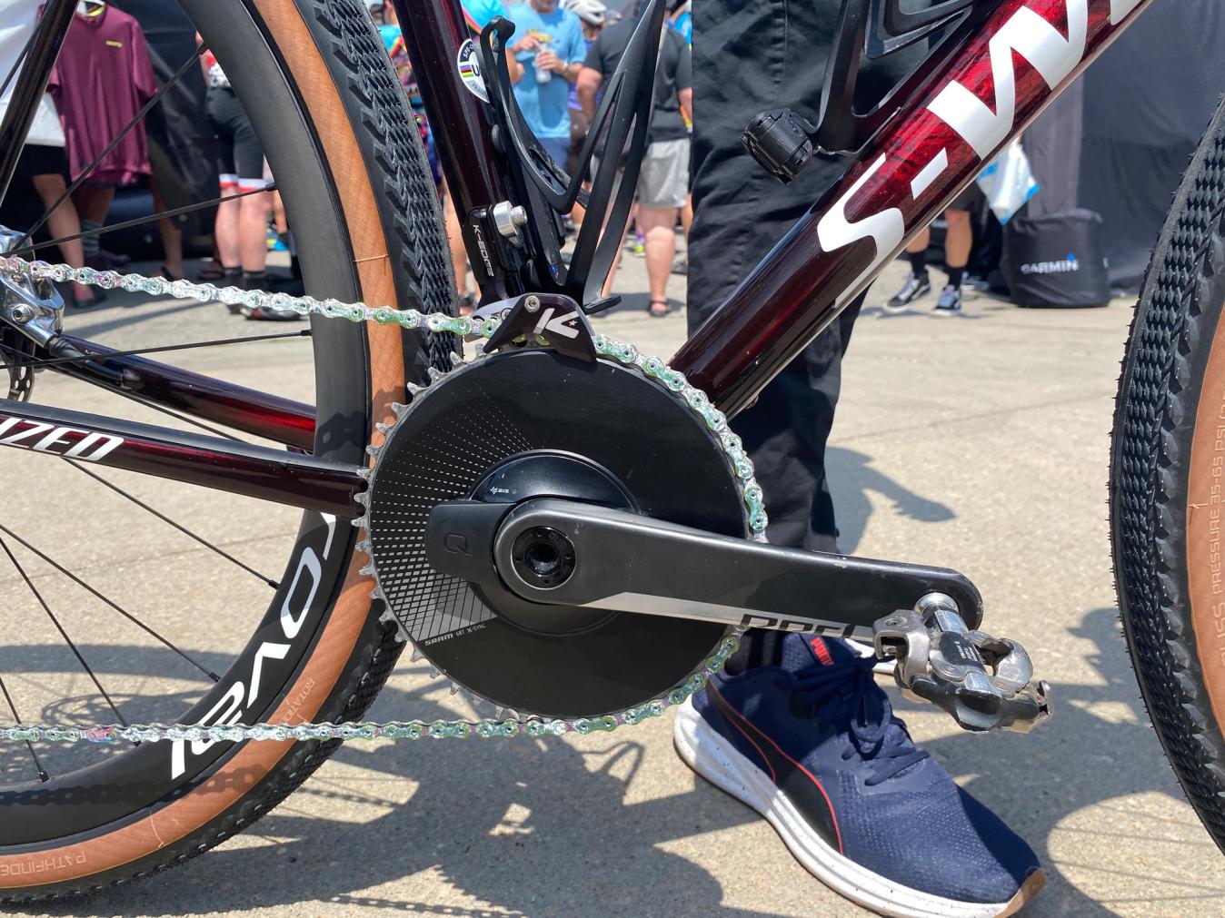 A waxed SRAM XX1 chain to go with a 48t chainring for the rollers of the Flint Hills. Most the contenders on the men's side who ran SRAM had the same 48t 1x setup. In the past riders have pushed the gearing up to 50t, but with some steep pitches at the tail end of the race a 48t is a safer bet