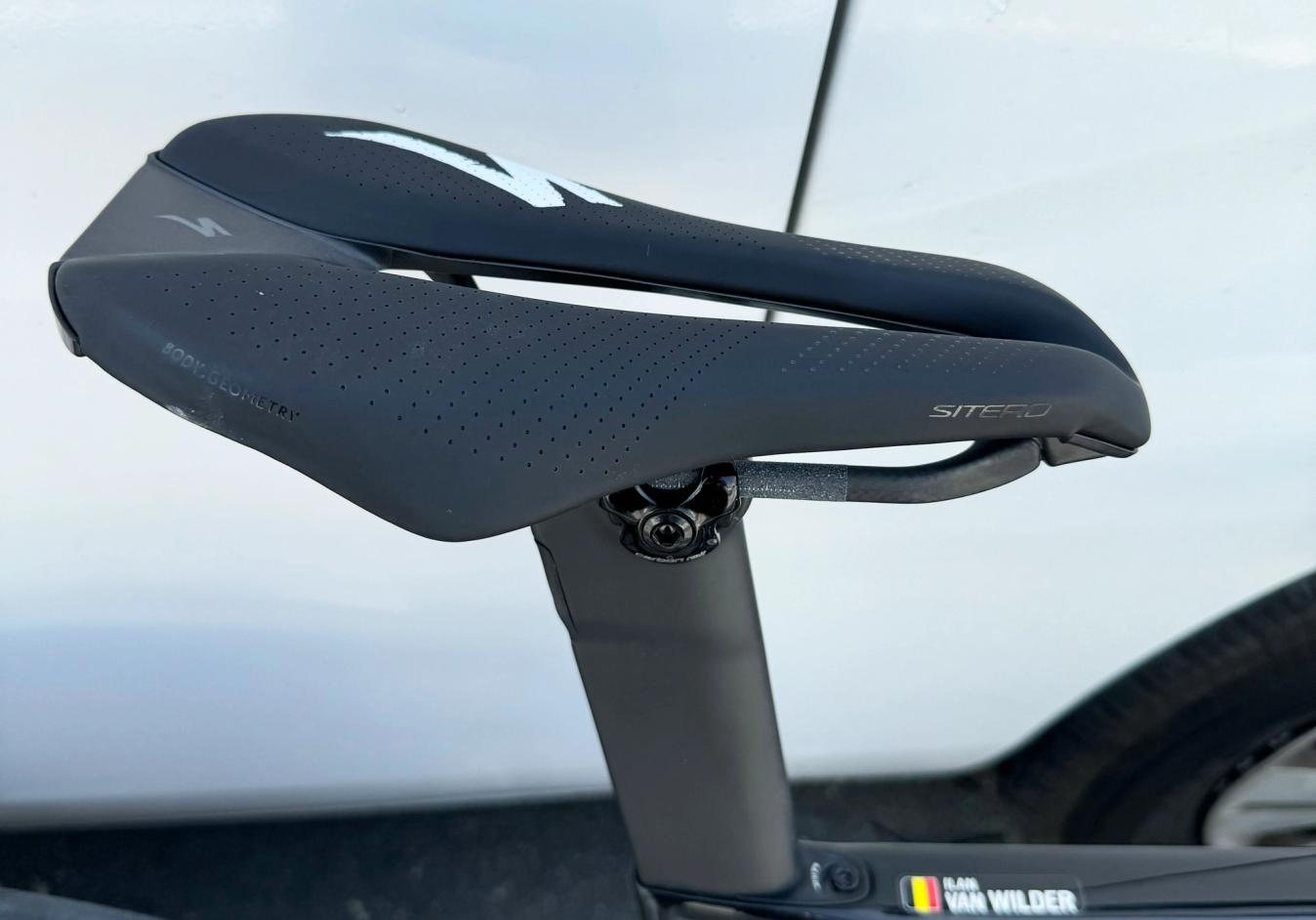 All of the components so far are optimised for aerodynamics, but to achieve an aerodynamic body position, the riders need the right saddle. Most riders use a short-nosed saddle, like this Specialized Sitero, to allow them to rock their hips forward.