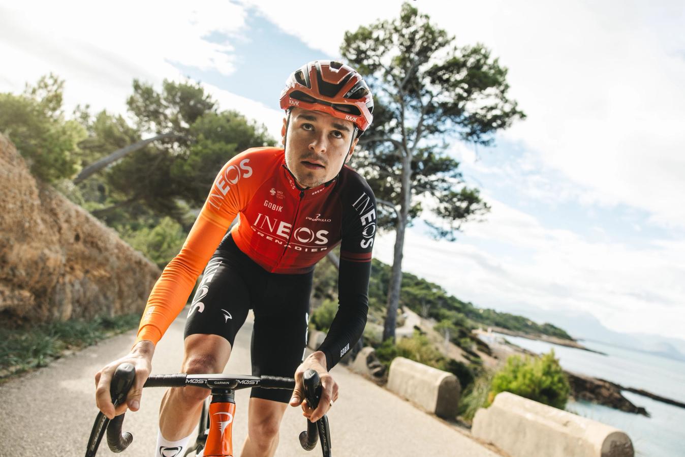 Tom Pidcock sports the long-sleeve version of the new Ineos Grenadiers kit