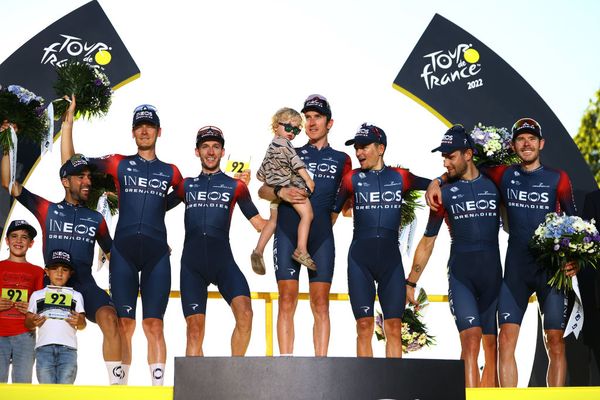 Ineos Grenadiers on the podium at the 2022 Tour de France