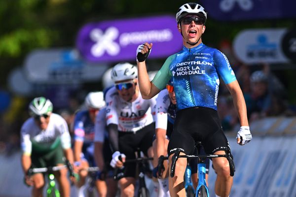 Benoît Cosnefroy celebrates victory at De Brabantse Pijl
