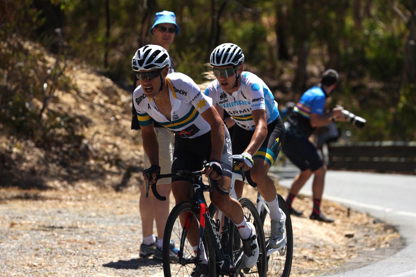 Richie Porte leads Luke Plapp up Willunga Hill in 2021, the day after Plapp's victory at the Santos Festival of Cycling