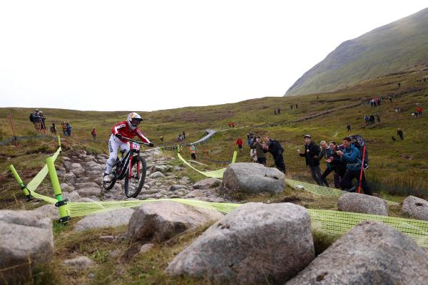 Vali Höll tackling the rocky top section of the Fort William course