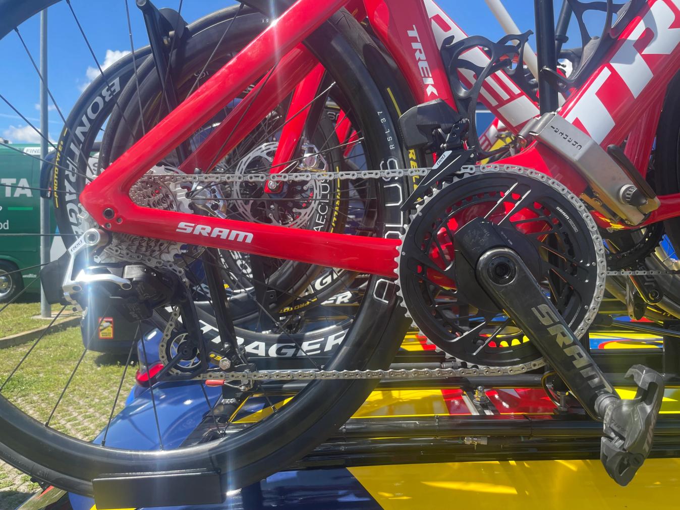 The new groupset sits upon a Lidl-Trek spare bike on stage 1 of the Giro d'Italia