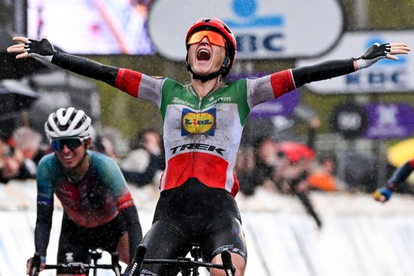 Elisa Longo Borghini celebrates her second win at the Tour of Flanders 