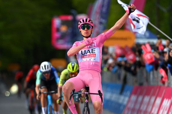 Tadej Pogačar celebrates his victory on stage 8 of the Giro d'Italia