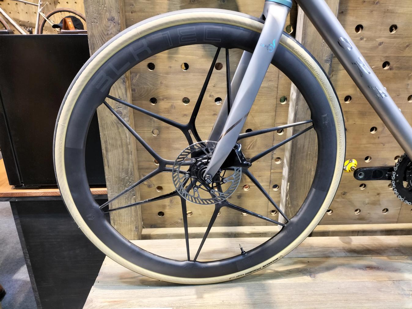 The wheels on Ora's titanium bike