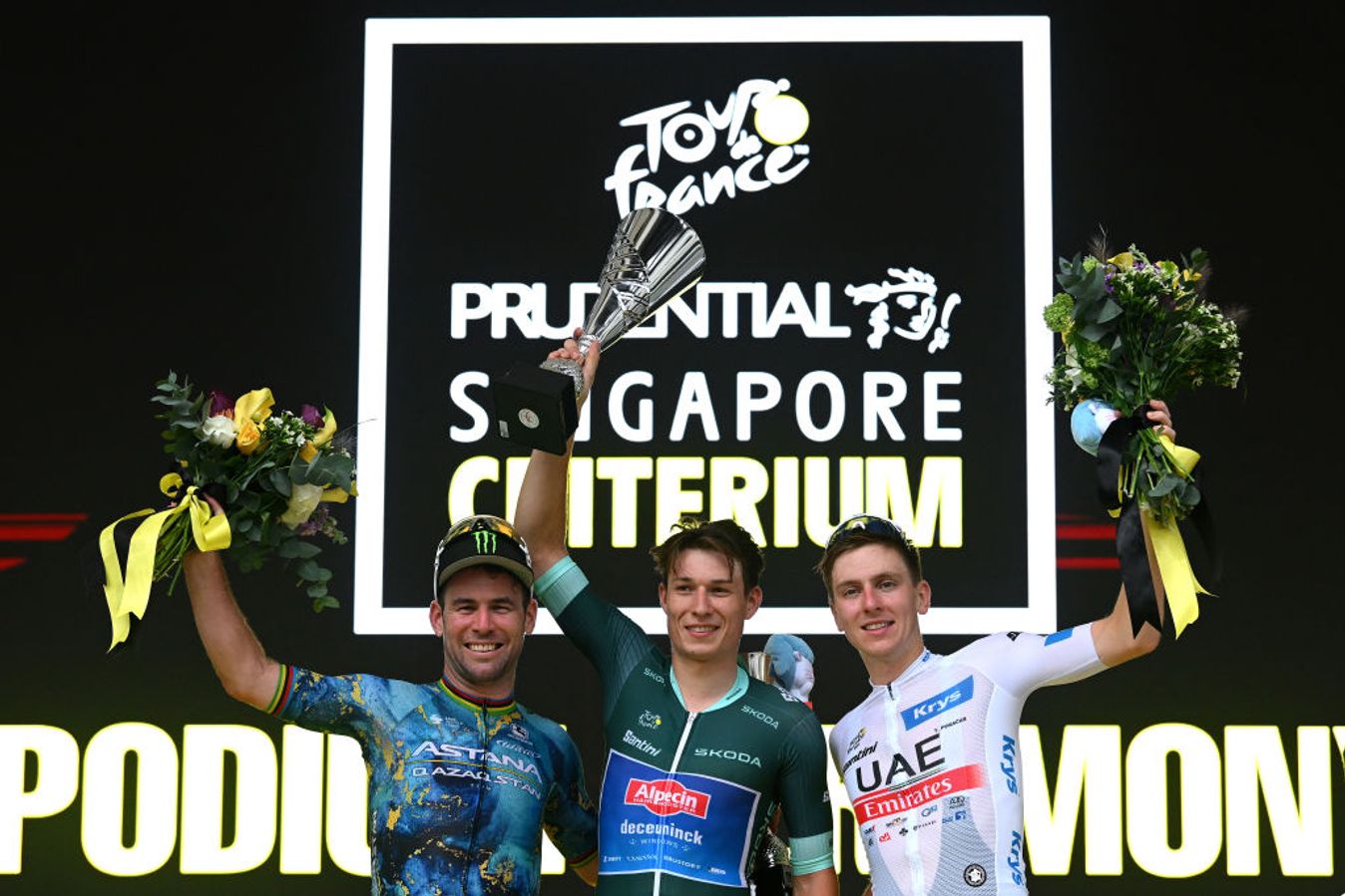 Cavendish, Philipsen, and Pogačar (left to right) on the podium