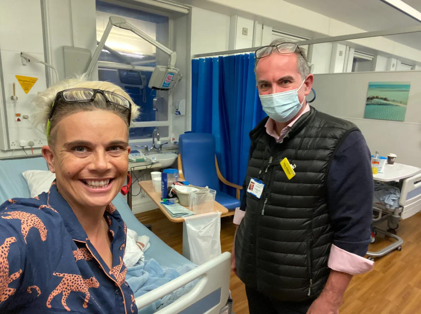 Ottilie Quince takes a selfie with one of her doctors