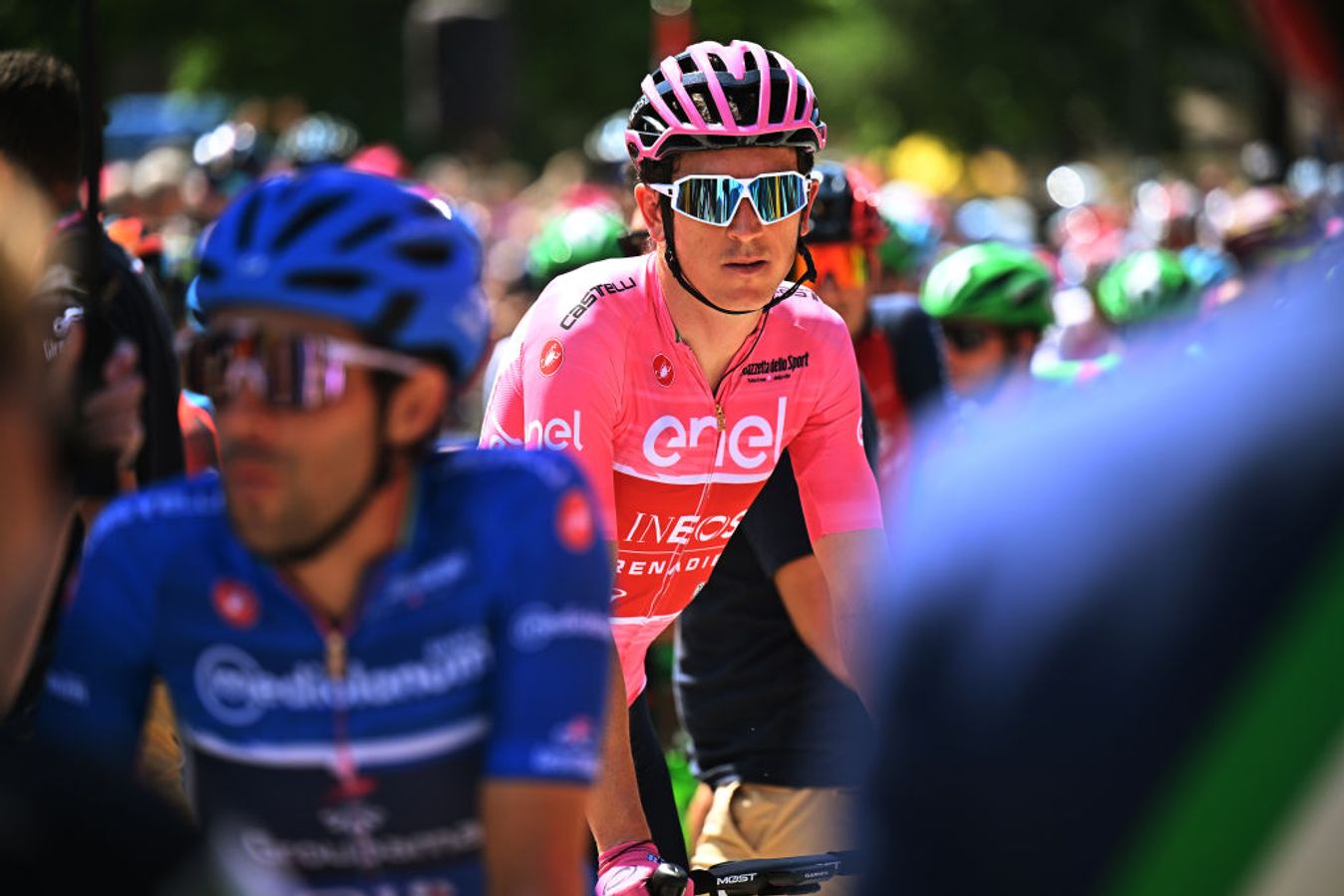 Geraint Thomas wears the pink jersey in the 2023 Giro d'Italia