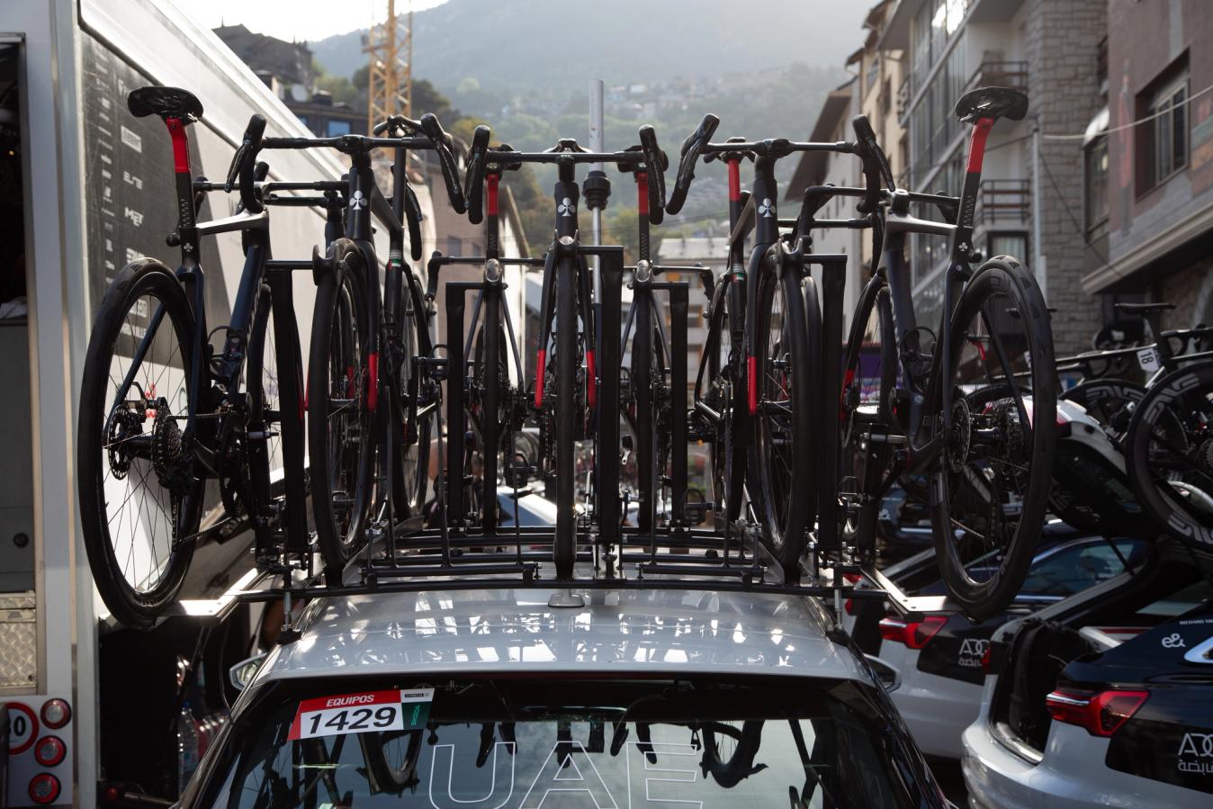 While many of the road bikes are transported on support cars, we spotted the time trial bikes in a storage van
