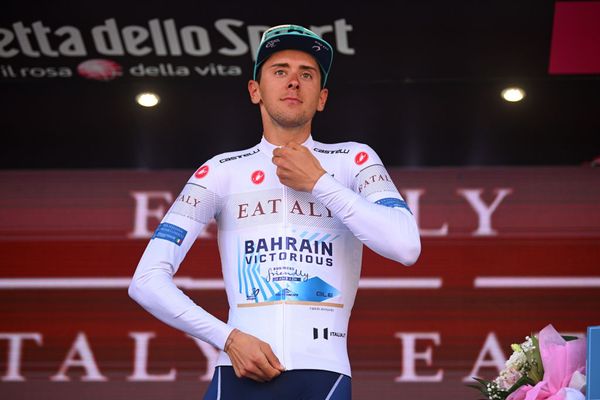 Antonio Tiberi pulls on the white jersey as best young rider at the Giro d'Italia