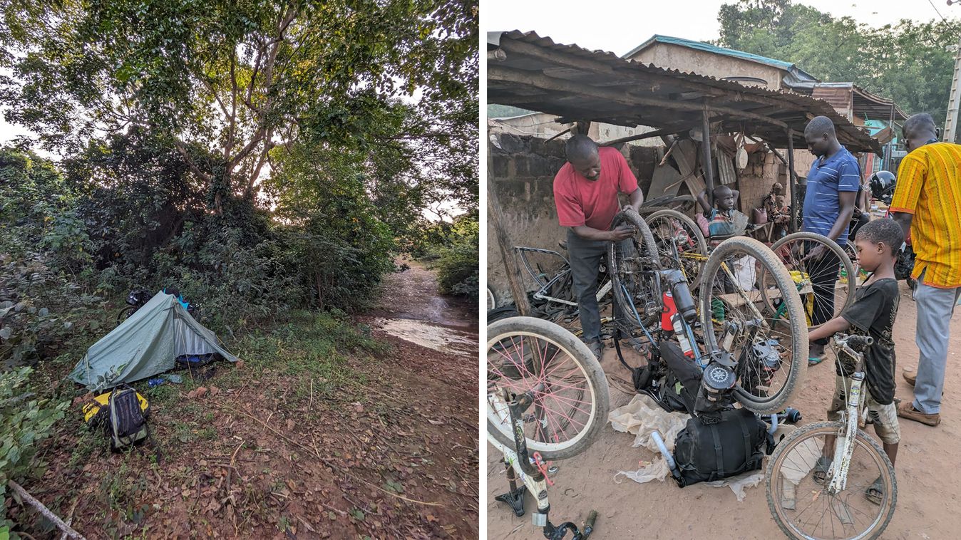 A typical camping spot in Guinea and some Gambian locals offer some roadside maintenance 