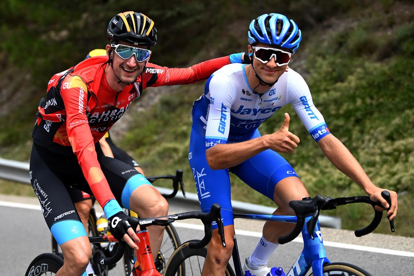Jan Maas and Wout Poels sharing a positive moment during the Vuelta a España