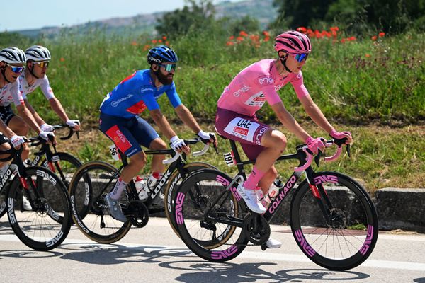 Pink jersey Tadej Pogačar is often visible in the front, even in bunch finishes