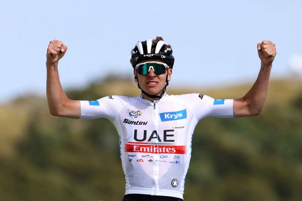 Tadej Pogačar celebrating a stage win on the Markstein at the 2023 Tour de France