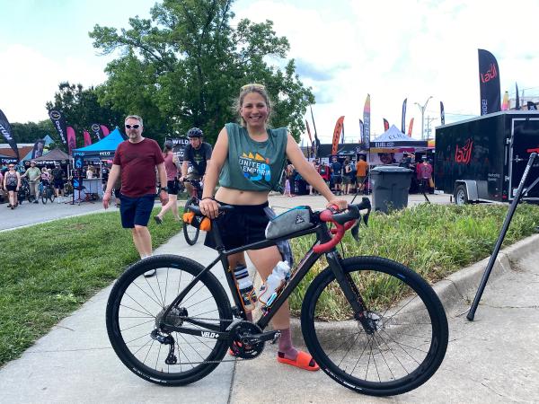 Rebbeca Fahringer showing off her Kona Libre during the Unbound expo on Friday