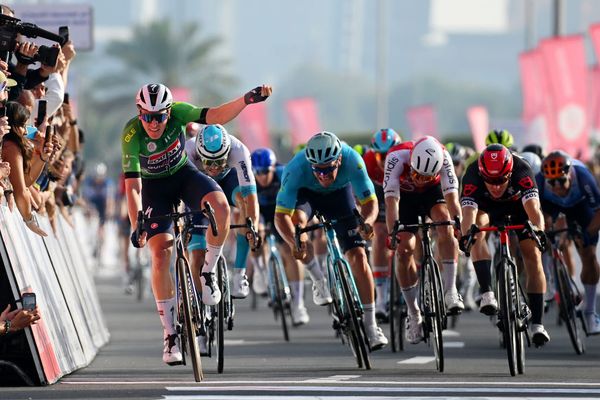 Tim Merlier celebrates victory on stage 6 of the UAE Tour