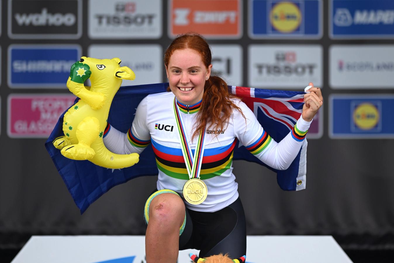 Felicity Wilson-Haffenden celebrates winning the gold medal in the Junior Time Trial at the recent World Championships 