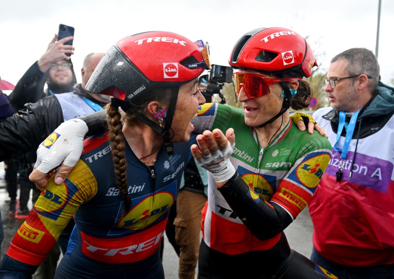 Van Anrooij celebrates with Elisa Longo Borghini at the finish of the Tour of Flanders
