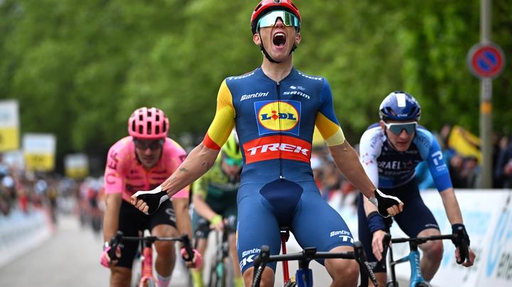 Thibau Nys celebrates victory on stage 3 of the Tour de Suisse