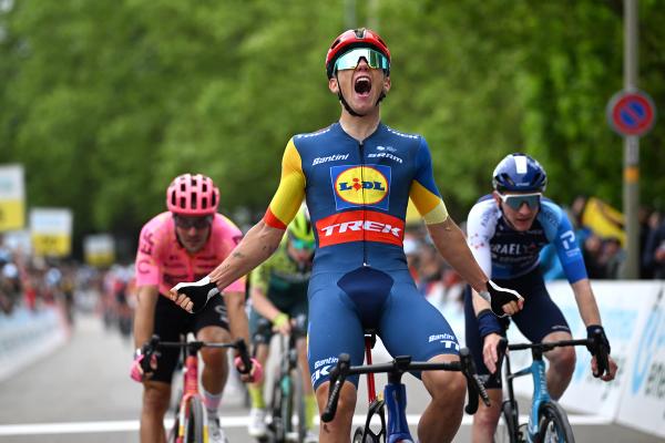 Thibau Nys celebrates victory on stage 3 of the Tour de Suisse