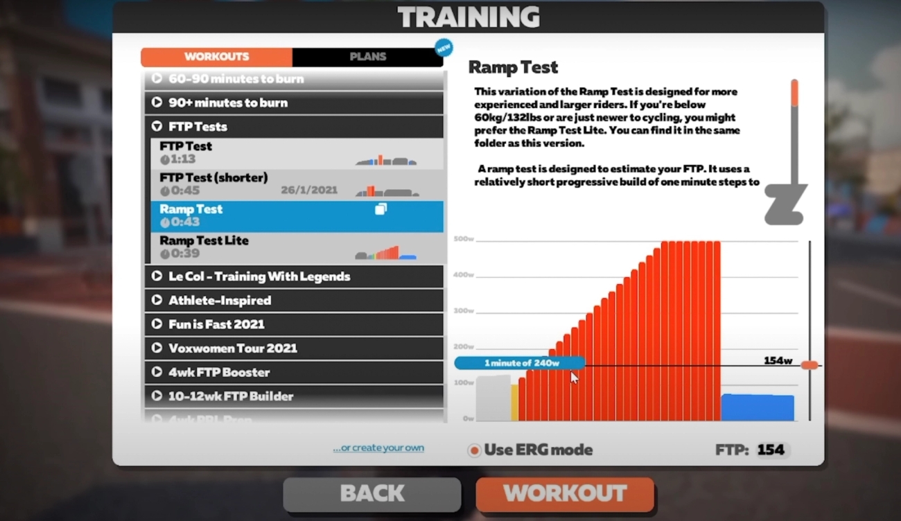 Zwift along with multitude of other training platforms offer a ramp test as part of their workout library