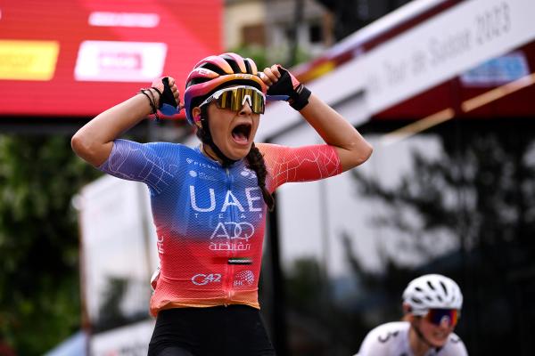 Eleonora Gasparrini celebrates victory on stage 3 of the women’s Tour de Suisse 2023.